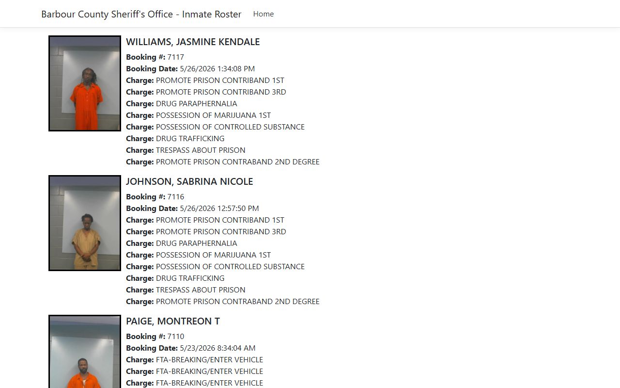 Barbour County inmate roster showing the current jail inmate population rows