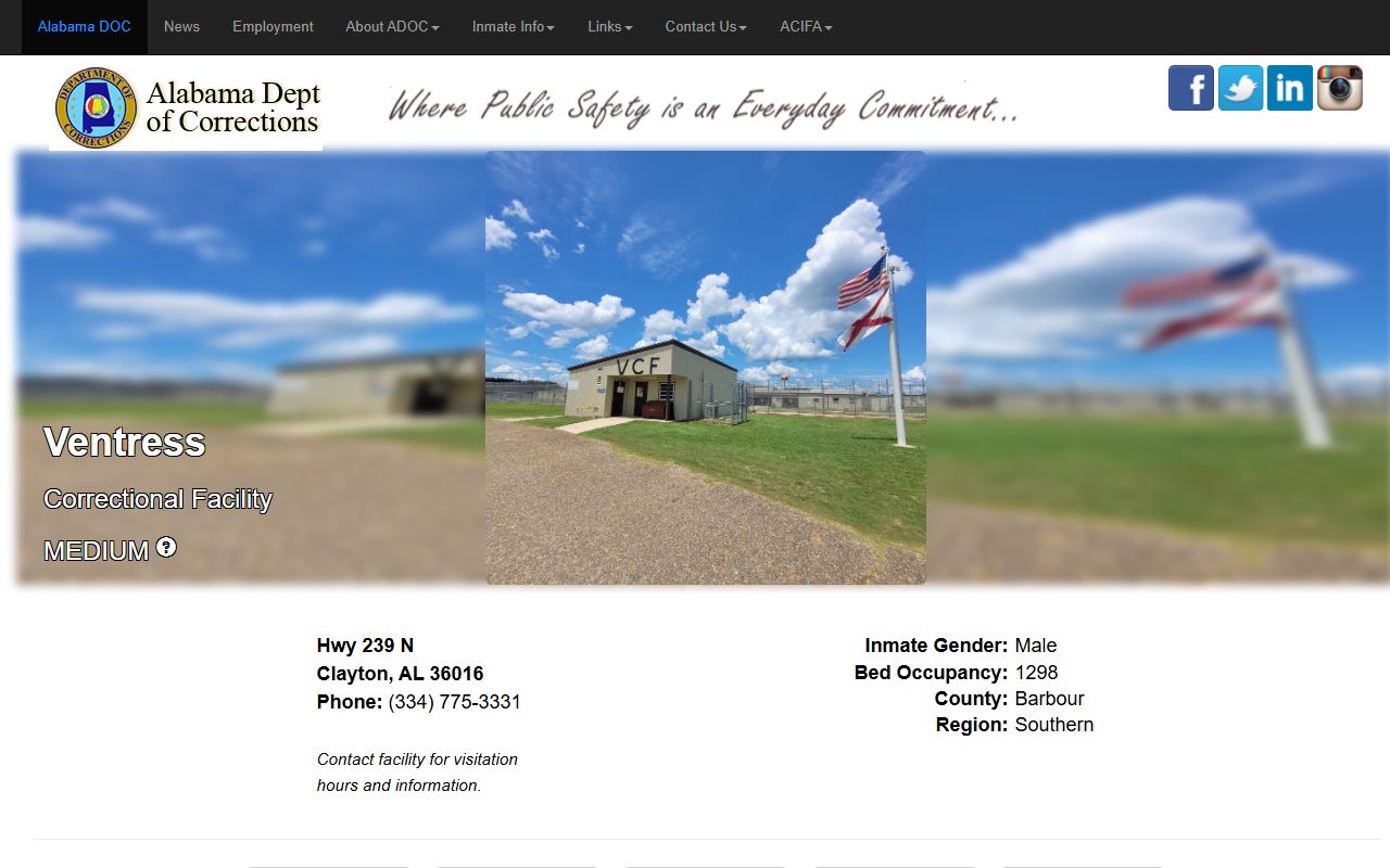Ventress Correctional Facility ADOC custody search and facility record